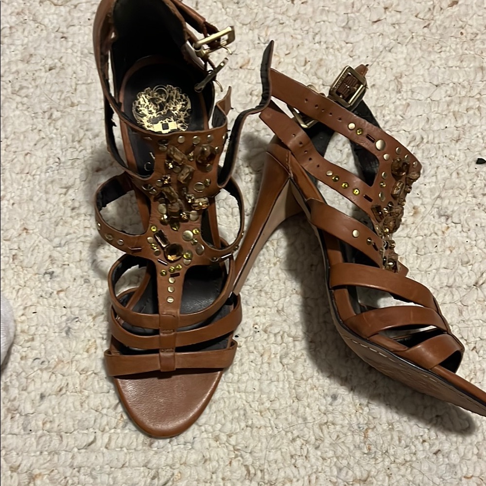 Vince Camuto Brown and Gold Strappy Heels 6.5B